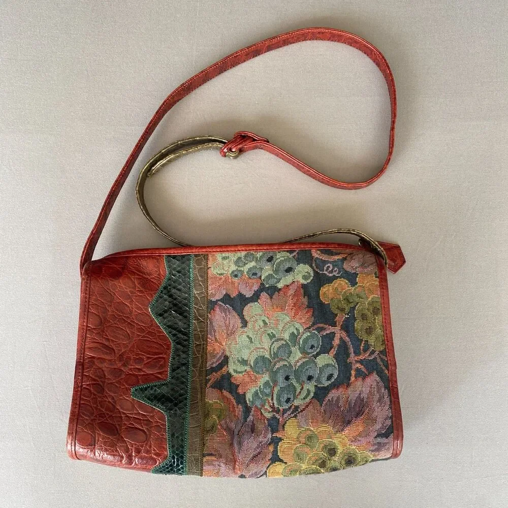 Vintage Sharif USA Patchwork Leather Shoulder Bag Floral Snakeskin Boho Purse